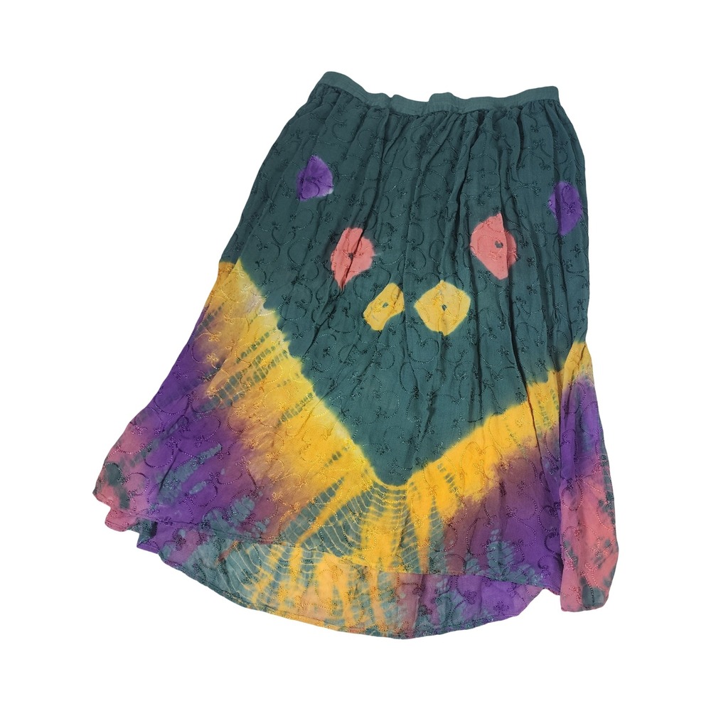 French Gear Womens Tie Dye Embroidered Rayon Midi Skirt Teal Purple Yellow M